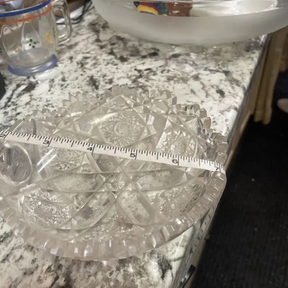 Antique 1890s-1910s Am Brilliant Cut Glass Dish w/ Sawtooth Rim and Loop Handle